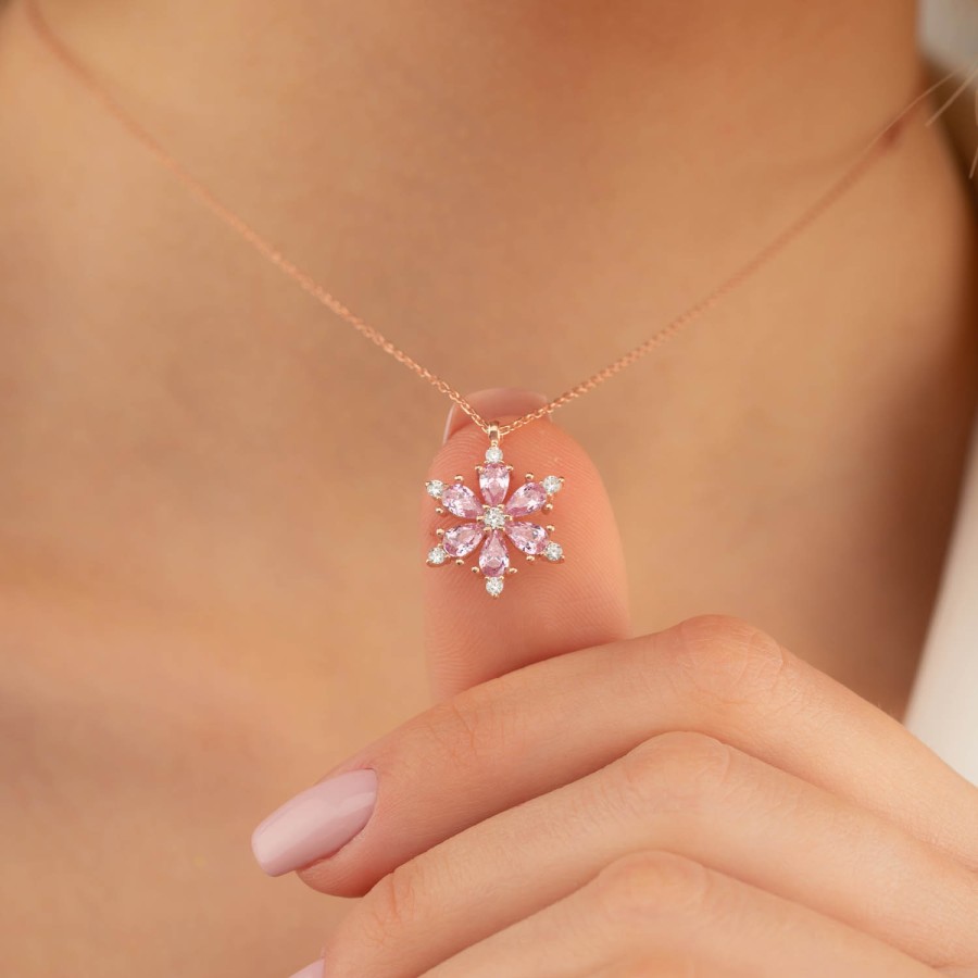 Six Leaf Clover Silver Necklace with Pink Stone - Thumbnail