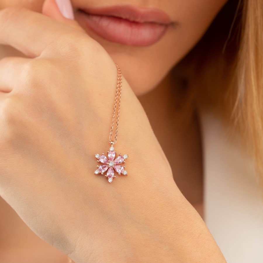 Gümüş Pazarım - Six Leaf Clover Silver Necklace with Pink Stone (1)