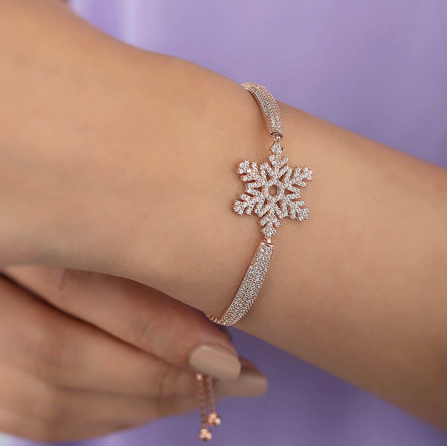 Snowflake Motif Elevated Silver Bracelet - Thumbnail