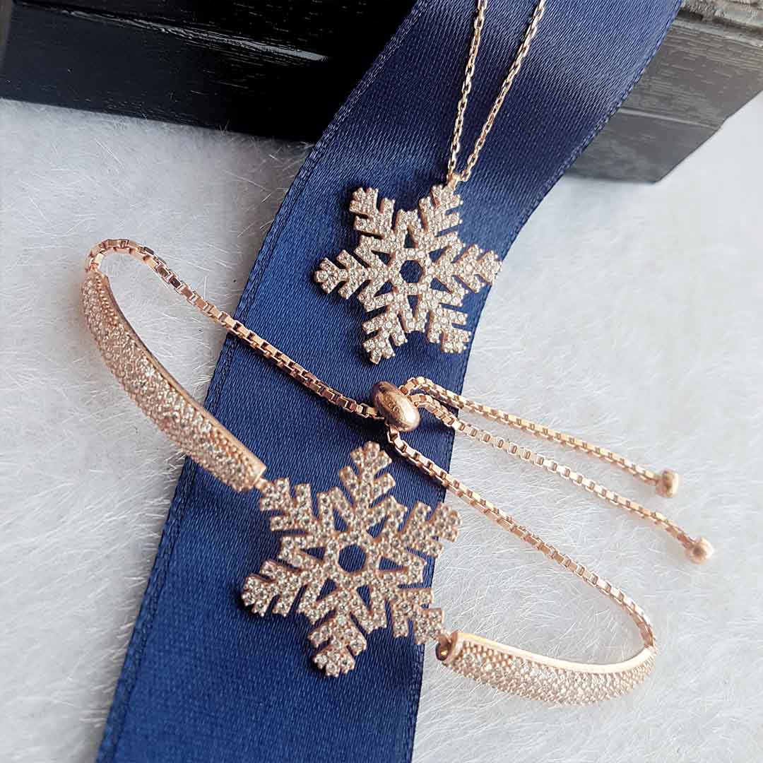 Snowflake Motif Silver Necklace & Silver Bracelet Combination