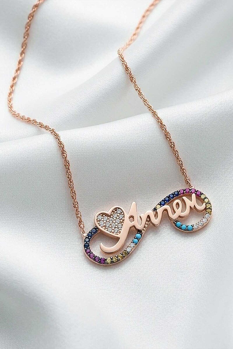 Sonsuzluk İçinde Annem Yazılı ve Kalp Motifli Rose Gold Gümüş Kolye - 1