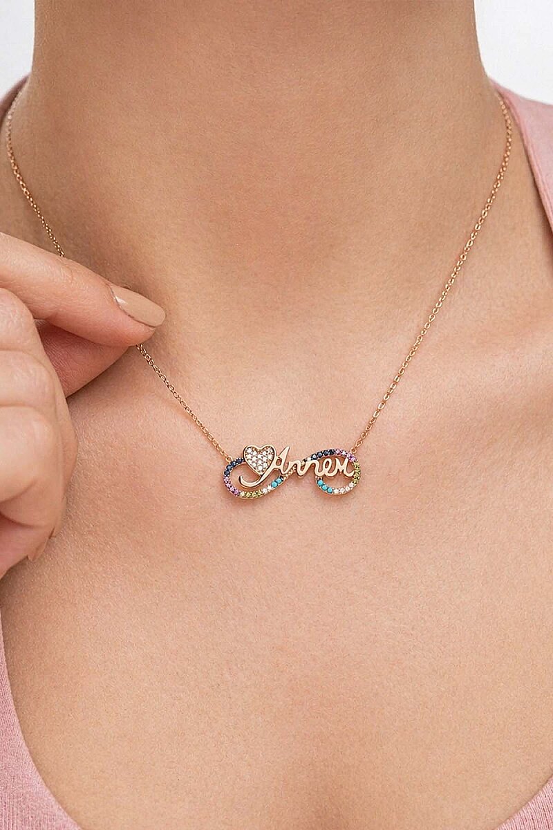 Sonsuzluk İçinde Annem Yazılı ve Kalp Motifli Rose Gold Gümüş Kolye - 3