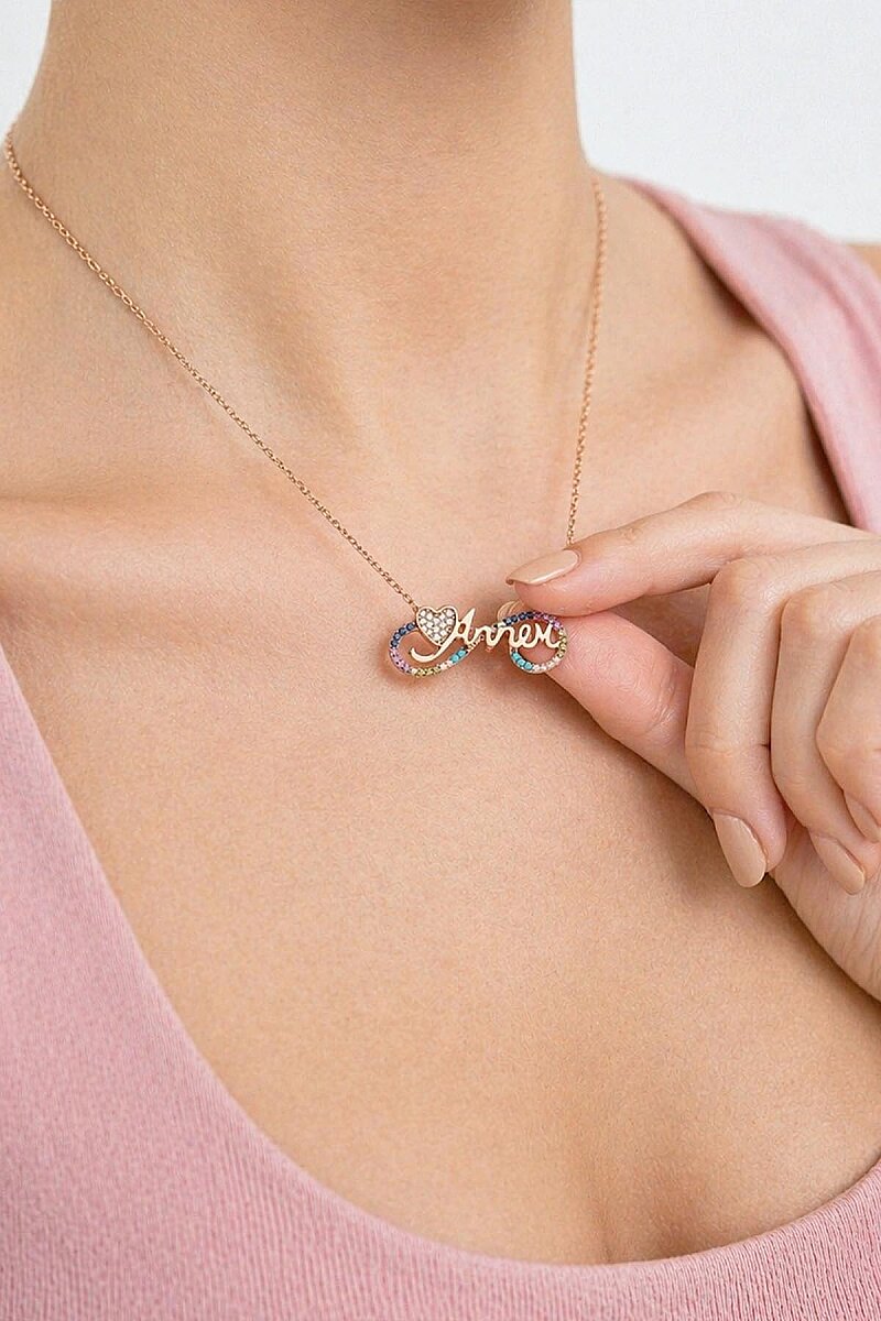 Sonsuzluk İçinde Annem Yazılı ve Kalp Motifli Rose Gold Gümüş Kolye - 2