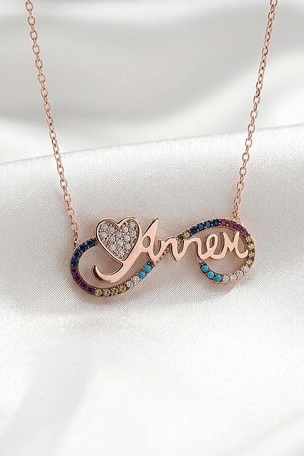 Sonsuzluk İçinde Annem Yazılı ve Kalp Motifli Rose Gold Gümüş Kolye - Gümüş Pazarım