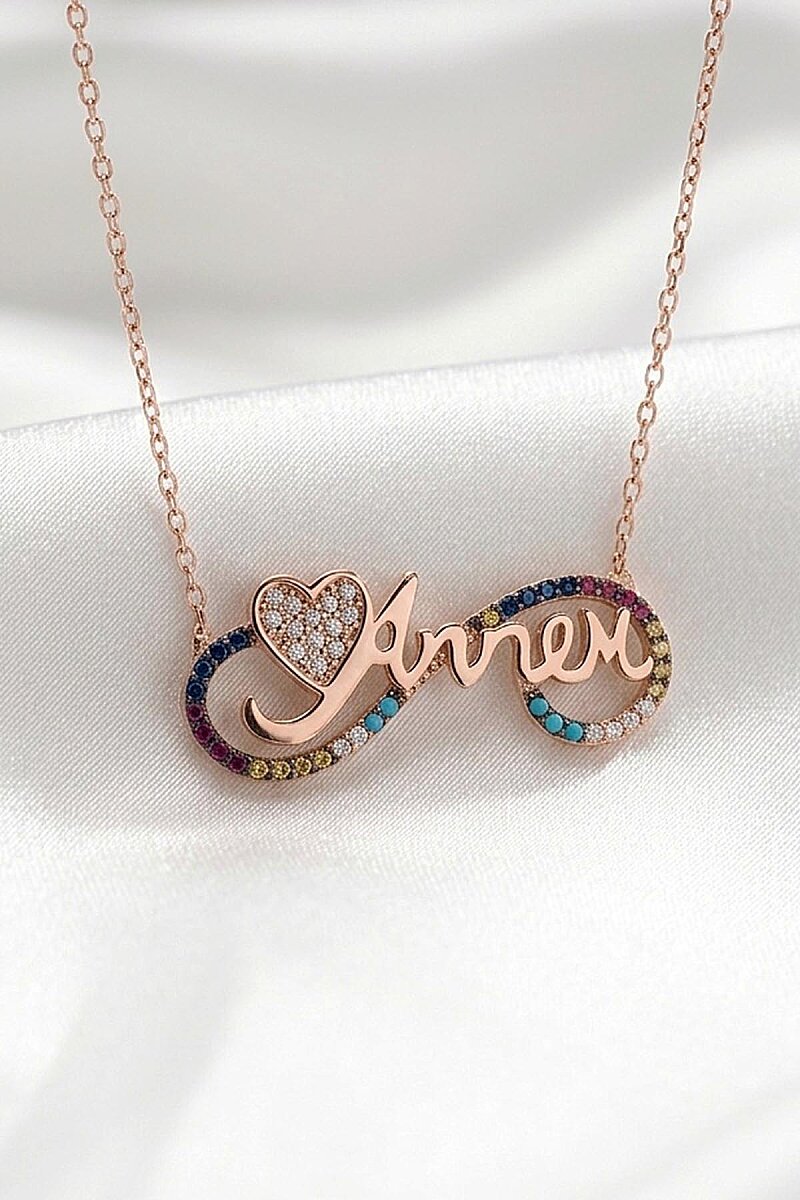 Sonsuzluk İçinde Annem Yazılı ve Kalp Motifli Rose Gold Gümüş Kolye - 1