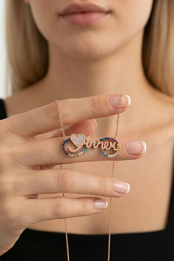 Sonsuzluk İçinde Annem Yazılı ve Kalp Motifli Rose Gold Gümüş Kolye - Gümüş Pazarım (1)