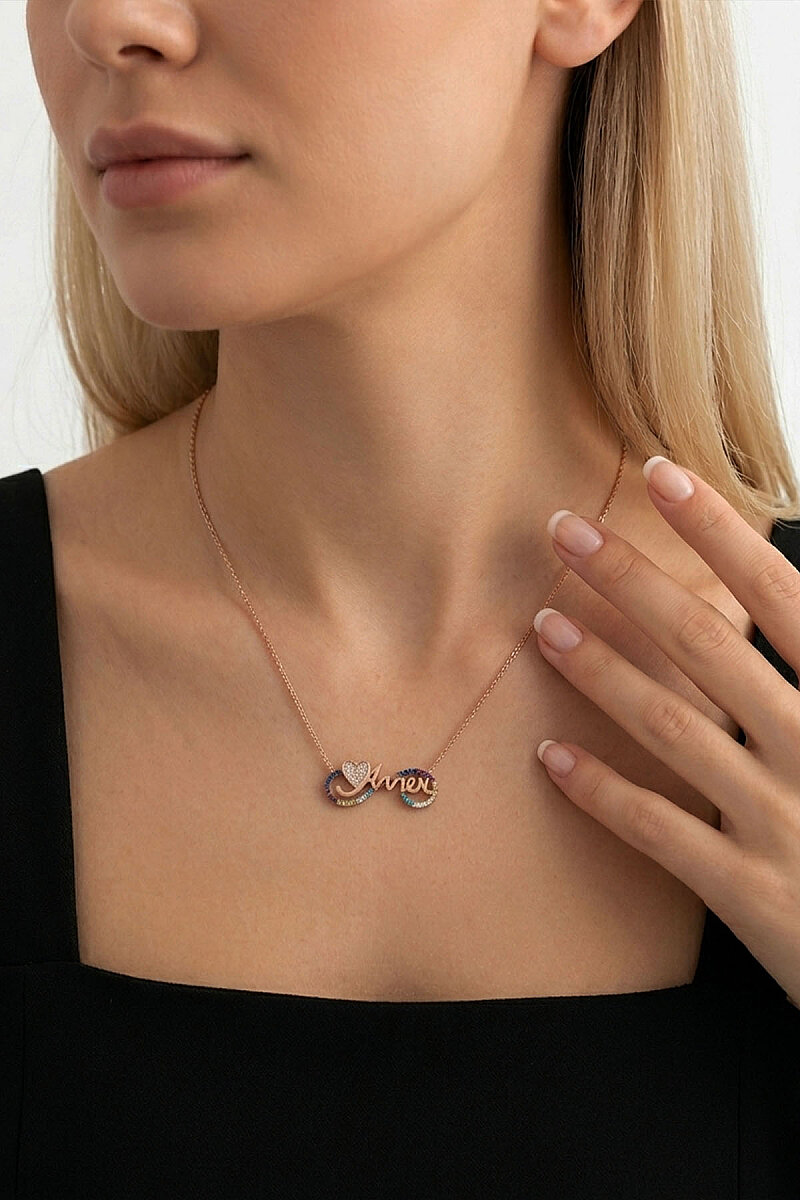 Sonsuzluk İçinde Annem Yazılı ve Kalp Motifli Rose Gold Gümüş Kolye - 3