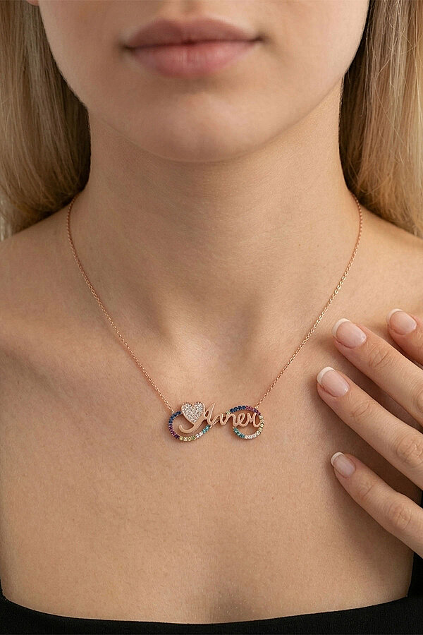 Sonsuzluk İçinde Annem Yazılı ve Kalp Motifli Rose Gold Gümüş Kolye - Gümüş Pazarım