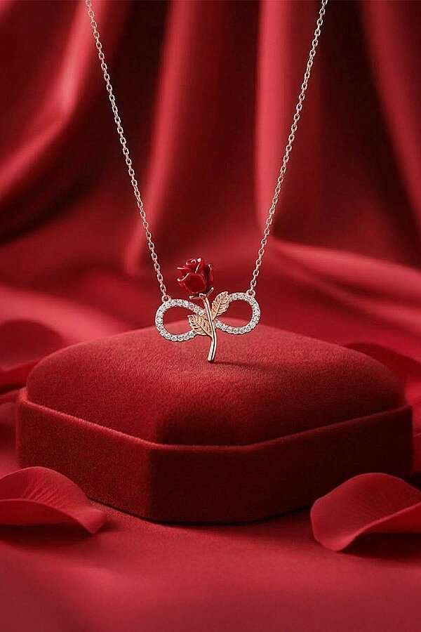 Sonsuzluk Kırmızı Gül Motifli Gümüş Kolye - Gümüş Pazarım