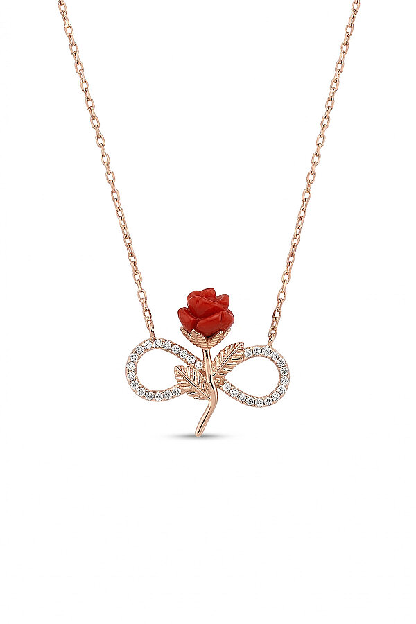Sonsuzluk Kırmızı Gül Motifli Gümüş Kolye - Gümüş Pazarım