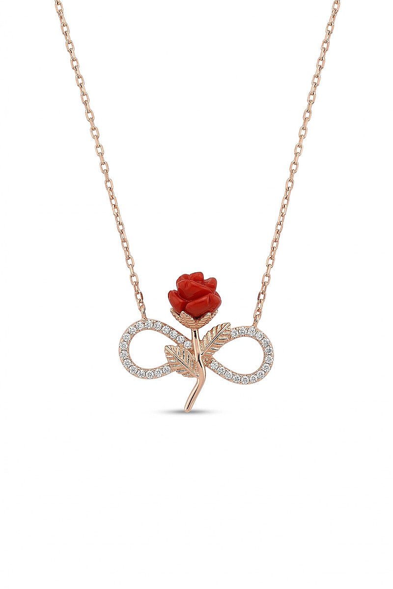 Sonsuzluk Kırmızı Gül Motifli Gümüş Kolye - 1