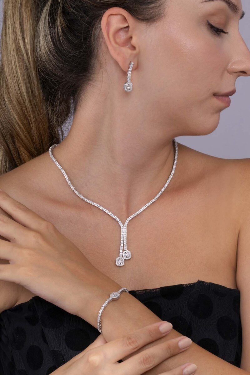 Su Yolu Süzme Baget Taşlı 925 Ayar Gümüş Düğün Seti - 1