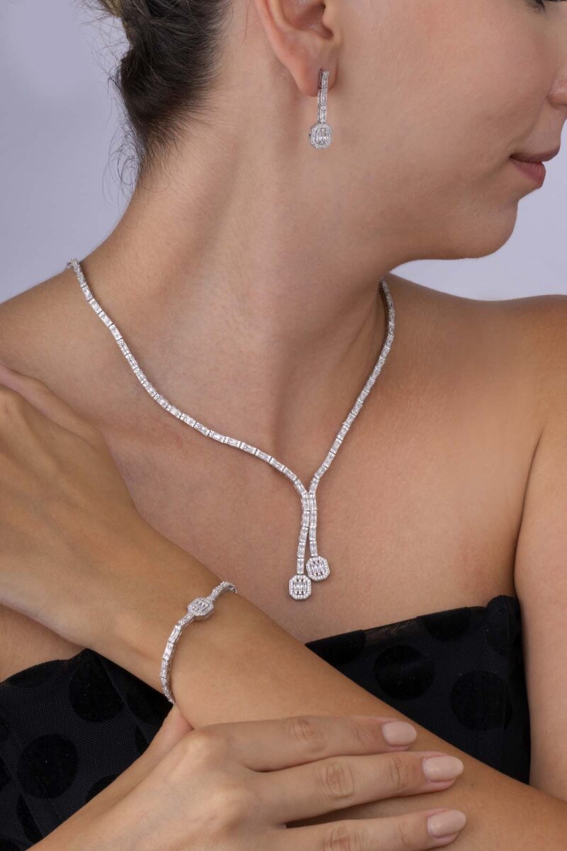 Su Yolu Süzme Baget Taşlı 925 Ayar Gümüş Düğün Seti - 2