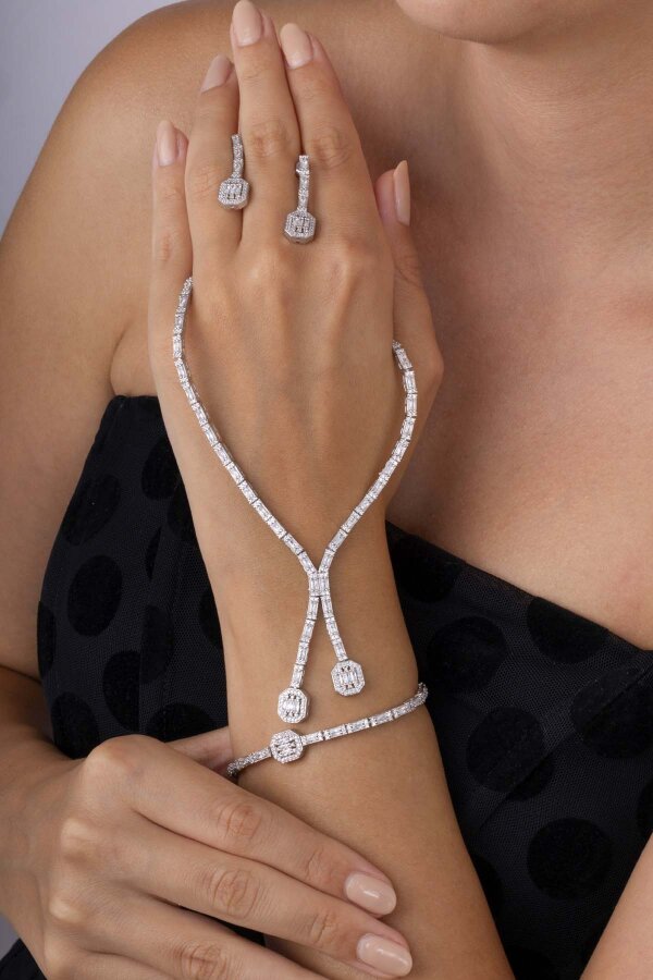 Su Yolu Süzme Baget Taşlı 925 Ayar Gümüş Düğün Seti - Gümüş Pazarım