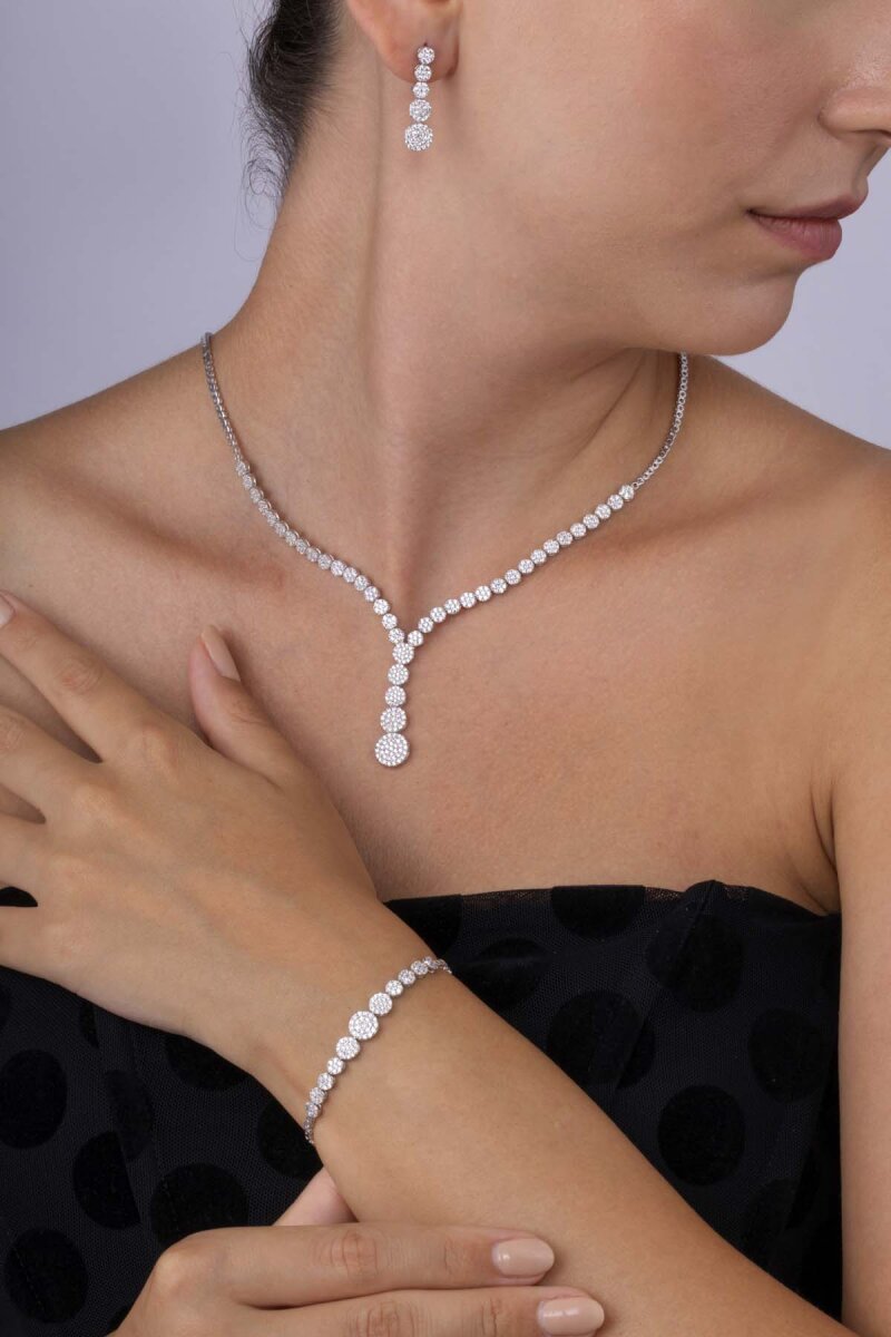 Süzme Su Yolu Rodyum Kaplama 925 Ayar Gümüş Düğün Seti - 1