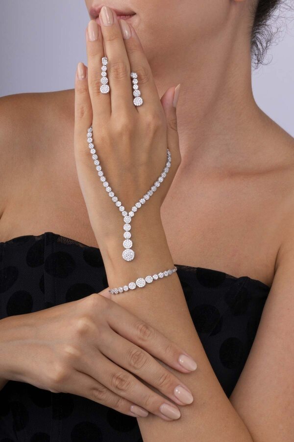 Süzme Su Yolu Rodyum Kaplama 925 Ayar Gümüş Düğün Seti - Gümüş Pazarım