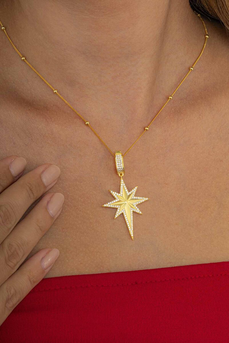 Taş Detaylı Altın Kaplama Top Zincirli 925 Ayar Gümüş Kutup Yıldızı Kolye - 3