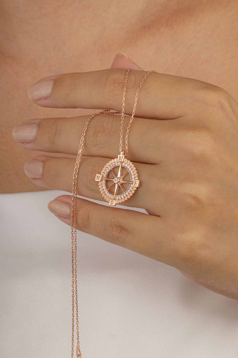 Taşlı Pusula Kadın Gümüş Kolye - 1