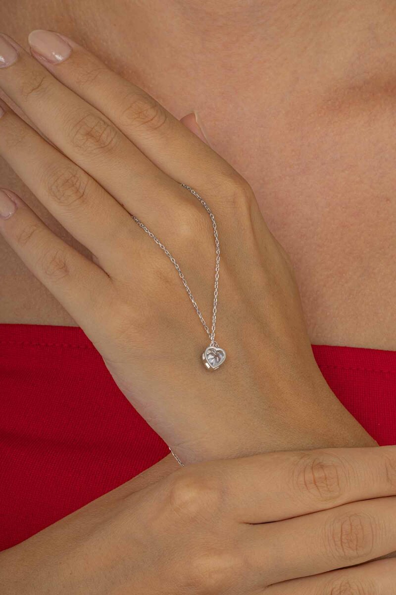 Tek Taş Kalp Motifli Gümüş Kolye - 4