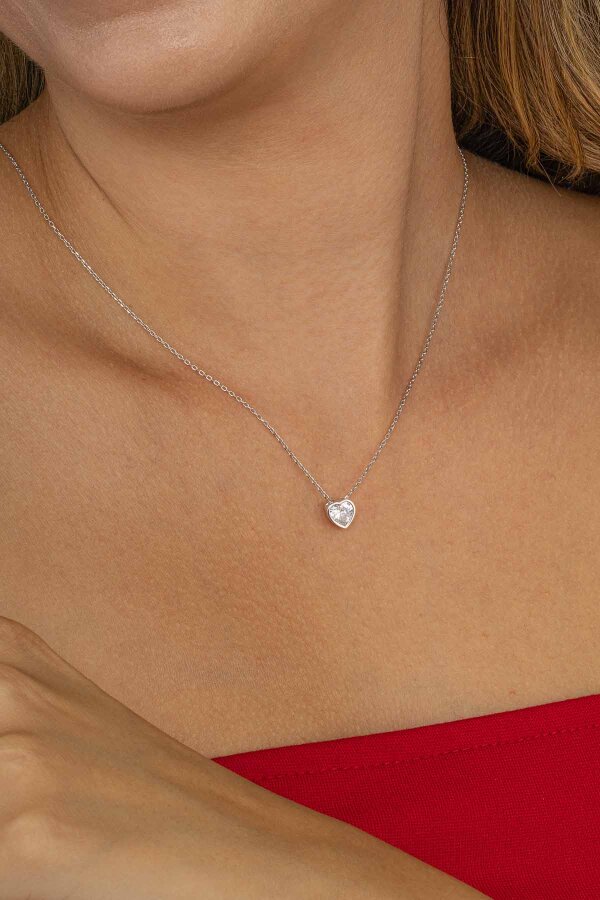 Tek Taş Kalp Motifli Gümüş Kolye - Gümüş Pazarım