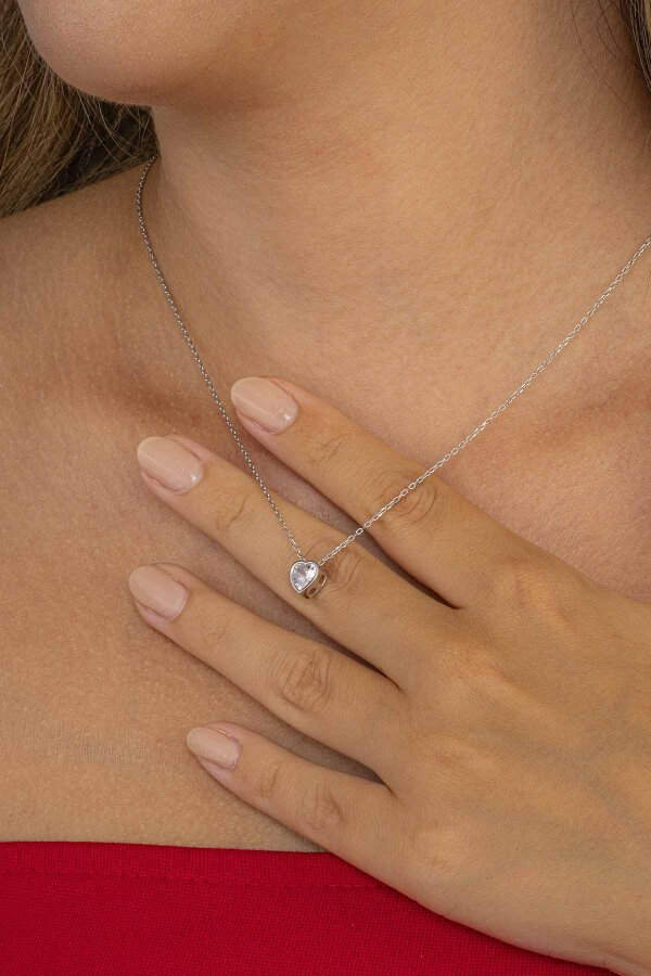 Tek Taş Kalp Motifli Gümüş Kolye - Gümüş Pazarım