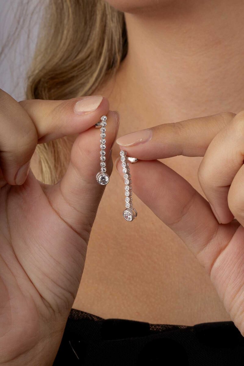 Tektaş Detaylı Su Yolu Rodyum Kaplama 925 Ayar Gümüş Küpe - 2