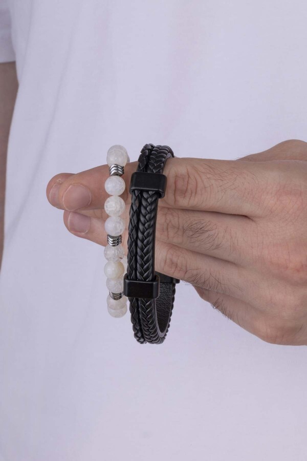 Tibet Akik Taşı Bileklik Çİft Sıra Örgü Model Deri Erkek Bileklik Kombini - 3