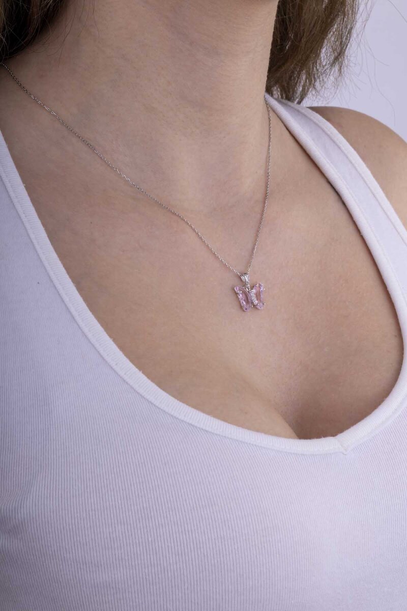 Toz Pembe Taşlı Kelebek Gümüş Kolye - 3