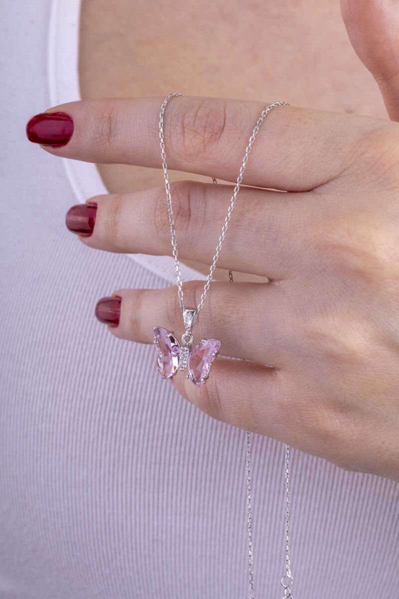 Toz Pembe Taşlı Kelebek Gümüş Kolye - 1