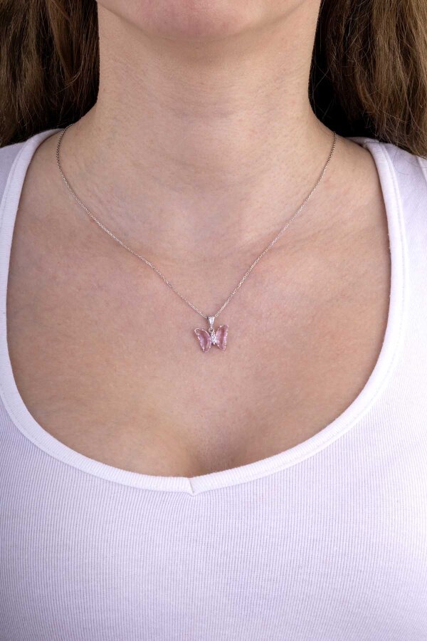 Toz Pembe Taşlı Kelebek Gümüş Kolye - Gümüş Pazarım