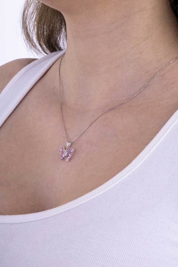 Toz Pembe Taşlı Kelebek Gümüş Kolye - Gümüş Pazarım
