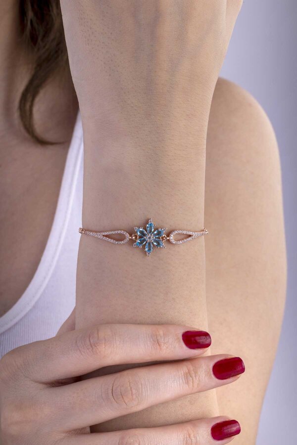 Turkuaz Renkli Aster Çiçeği Gümüş Bileklik - Gümüş Pazarım