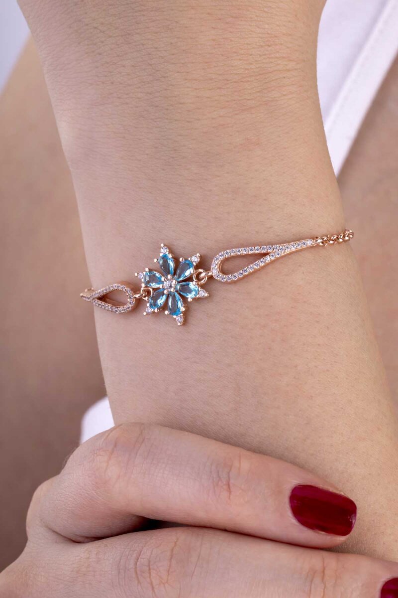 Turkuaz Renkli Aster Çiçeği Gümüş Bileklik - 2