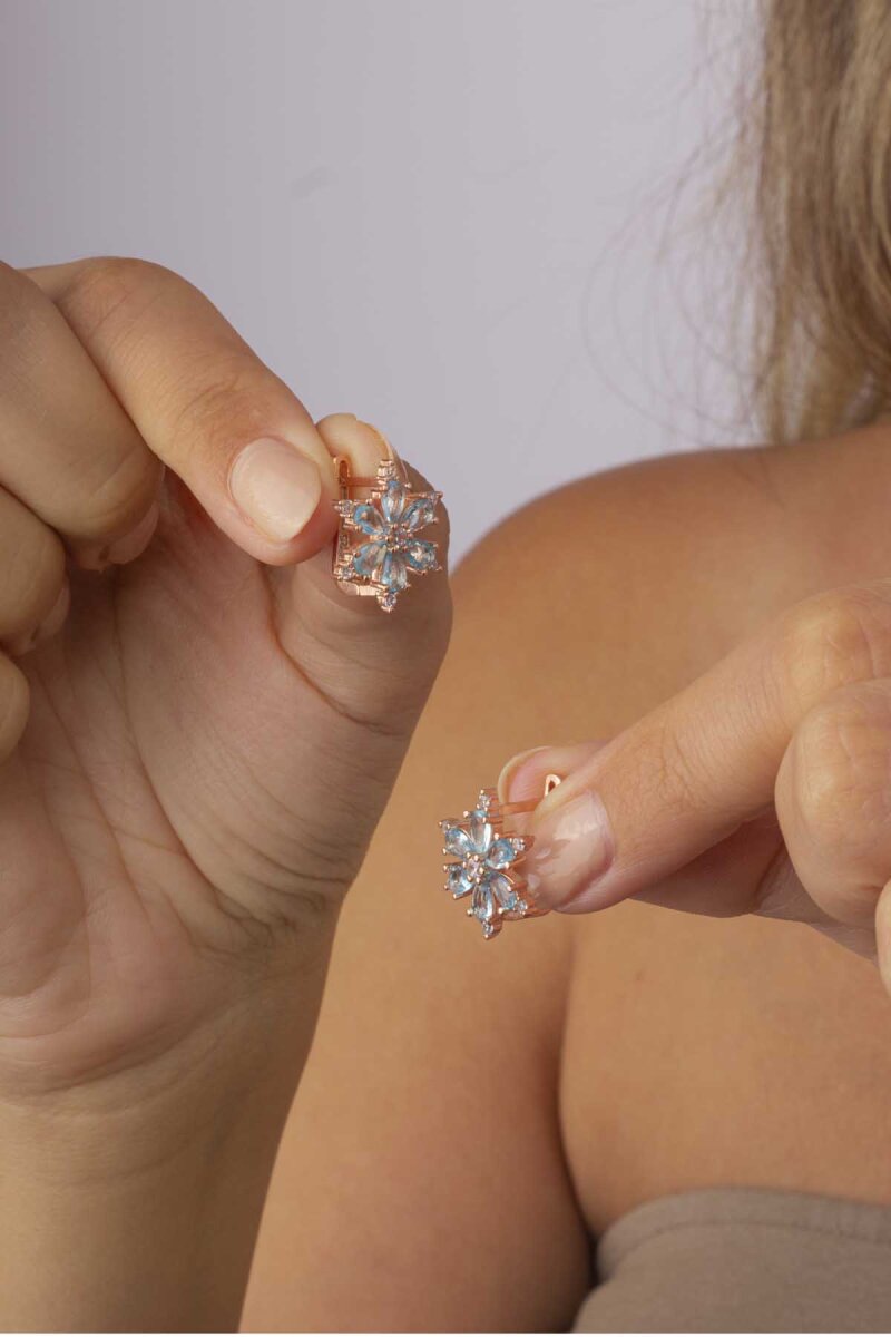 Turkuaz Renkli Aster Çiçeği Gümüş Küpe - 1