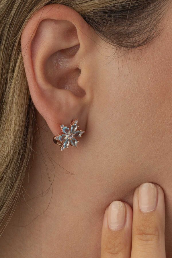 Turkuaz Renkli Aster Çiçeği Gümüş Küpe - Gümüş Pazarım