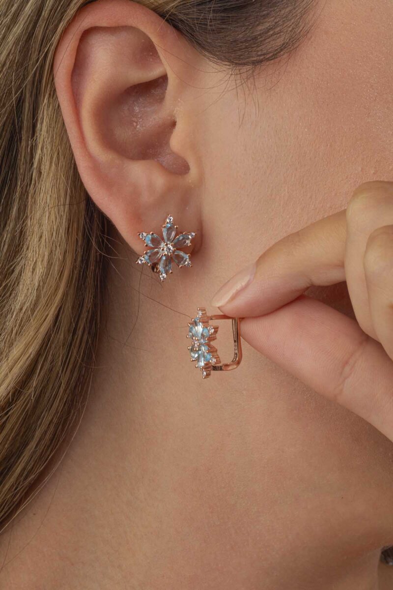 Turkuaz Renkli Aster Çiçeği Gümüş Küpe - 2