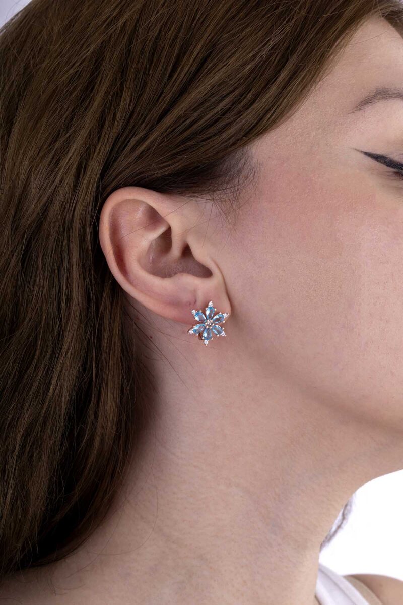 Turkuaz Renkli Aster Çiçeği Gümüş Küpe - 3