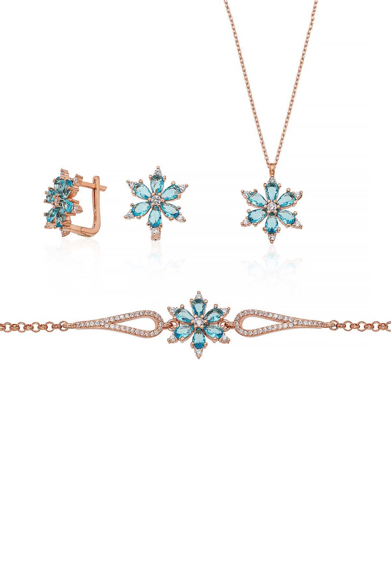 Turkuaz Renkli Aster Çiçeği Gümüş Set - 1