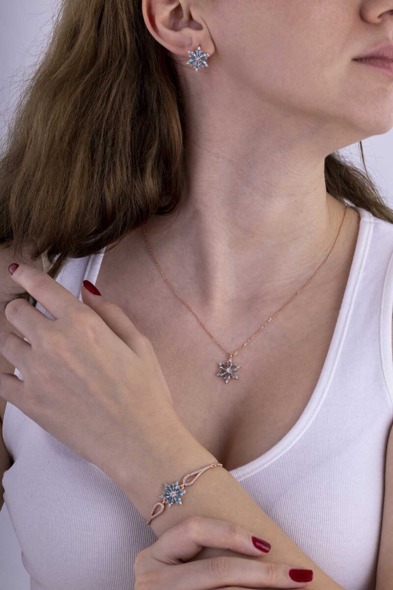 Turkuaz Renkli Aster Çiçeği Gümüş Set - 2