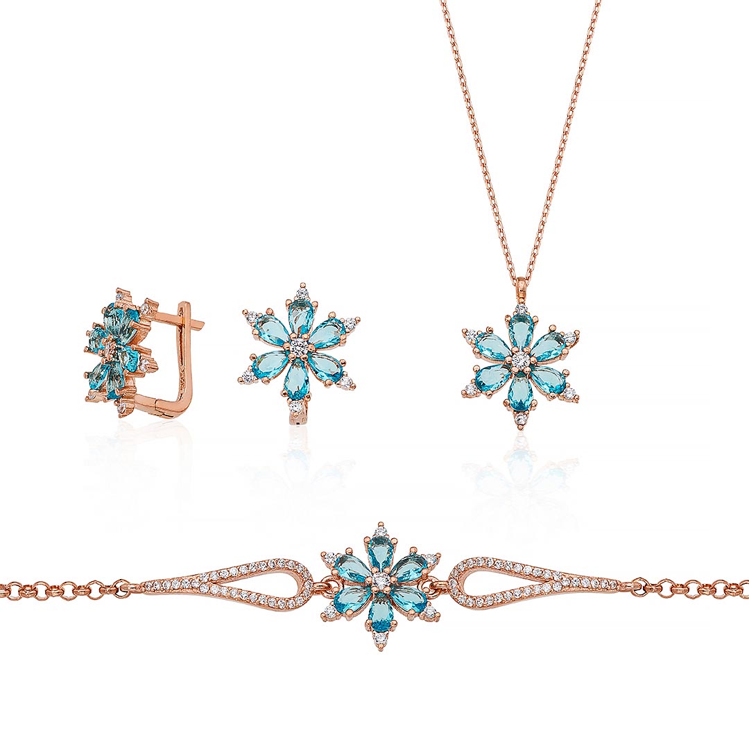 Turquoise Color Aster Flower Silver Set