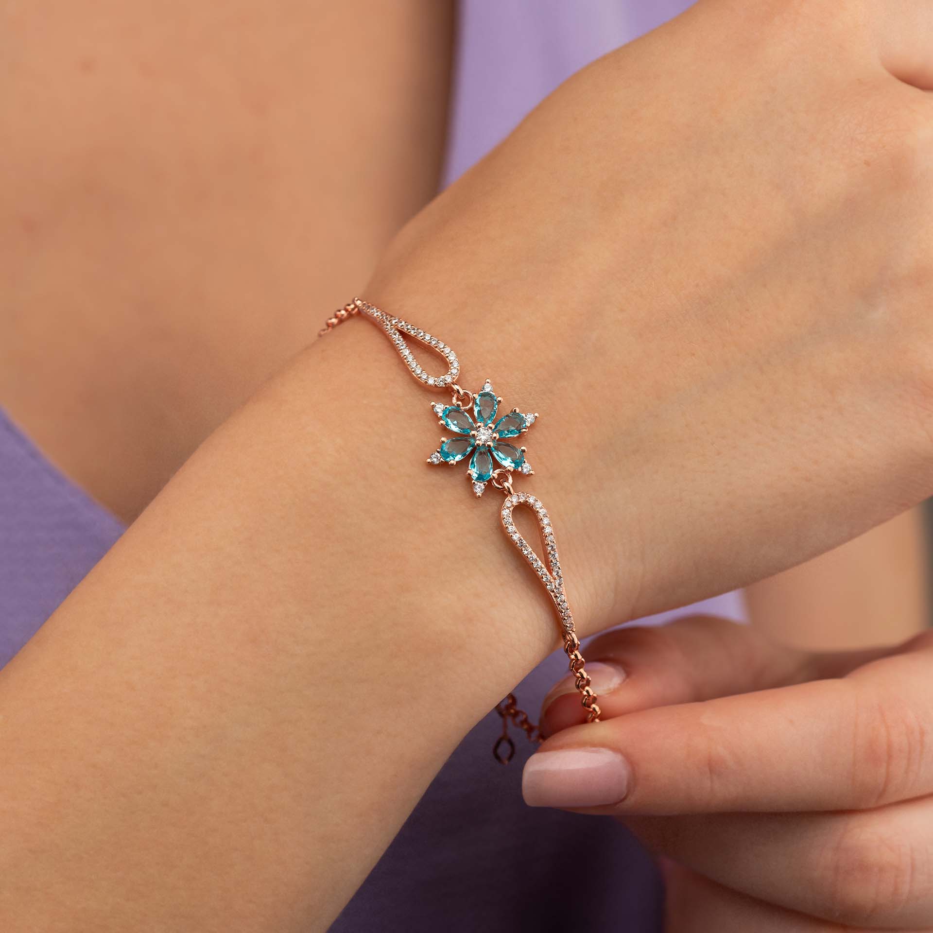 Turquoise Color Aster Flower Sterling Silver Bracelet - Thumbnail