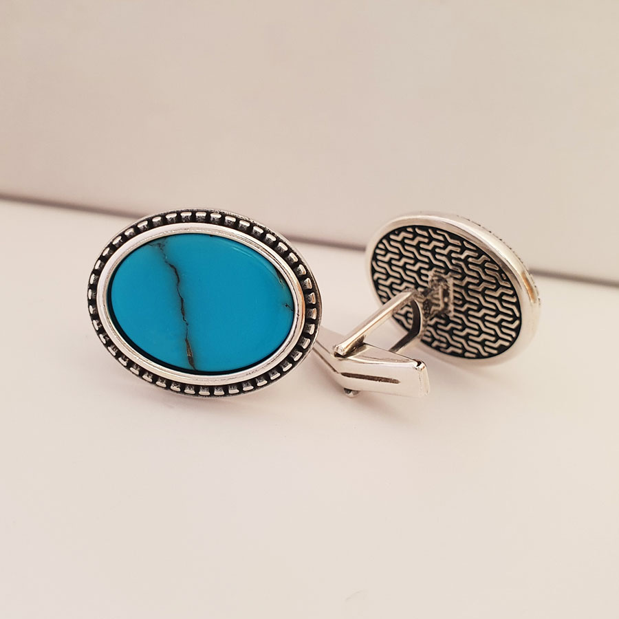 Turquoise Stone Silver Cufflink - Thumbnail