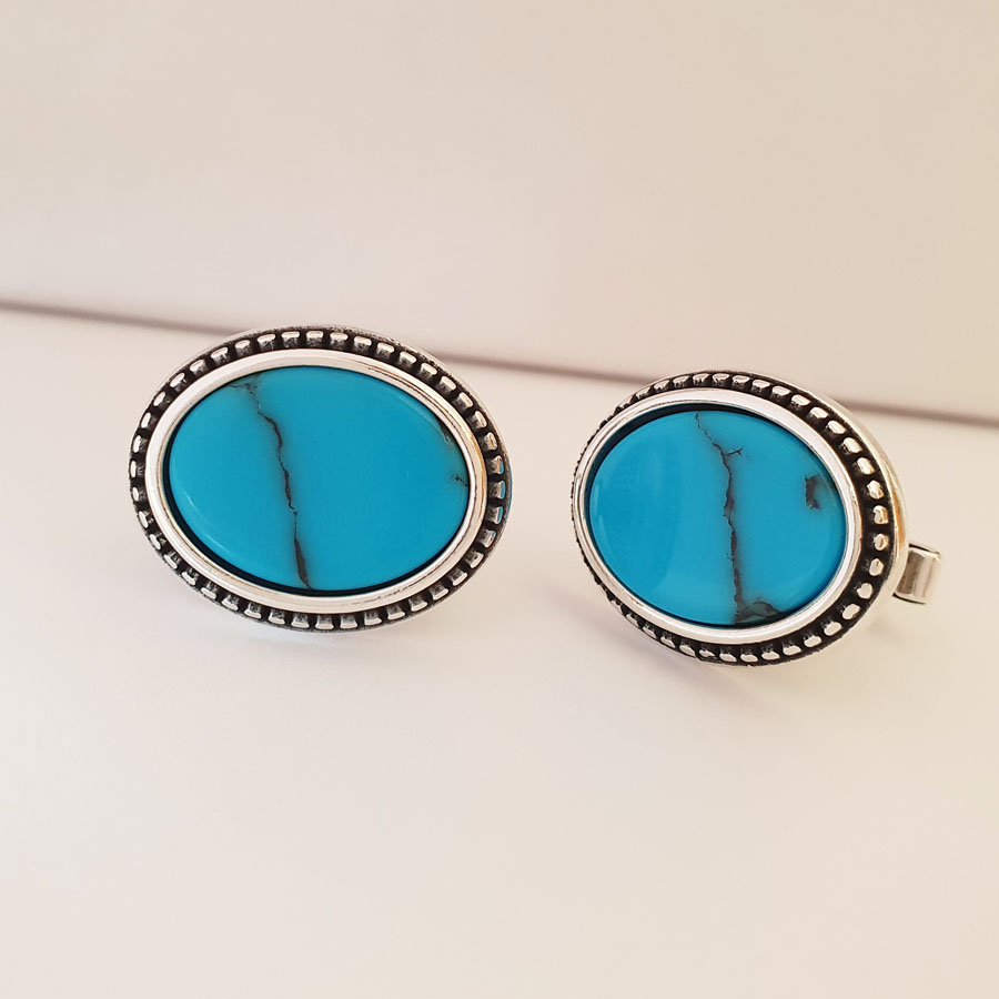 Turquoise Stone Silver Cufflink - Thumbnail