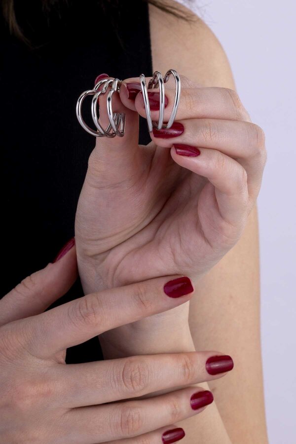 Üçlü Kalp Beyaz Altın Kaplama Çelik Kadın Küpe - 2