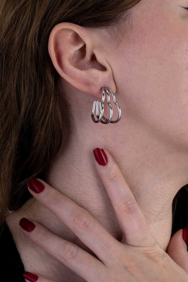 Üçlü Kalp Beyaz Altın Kaplama Çelik Kadın Küpe - 1