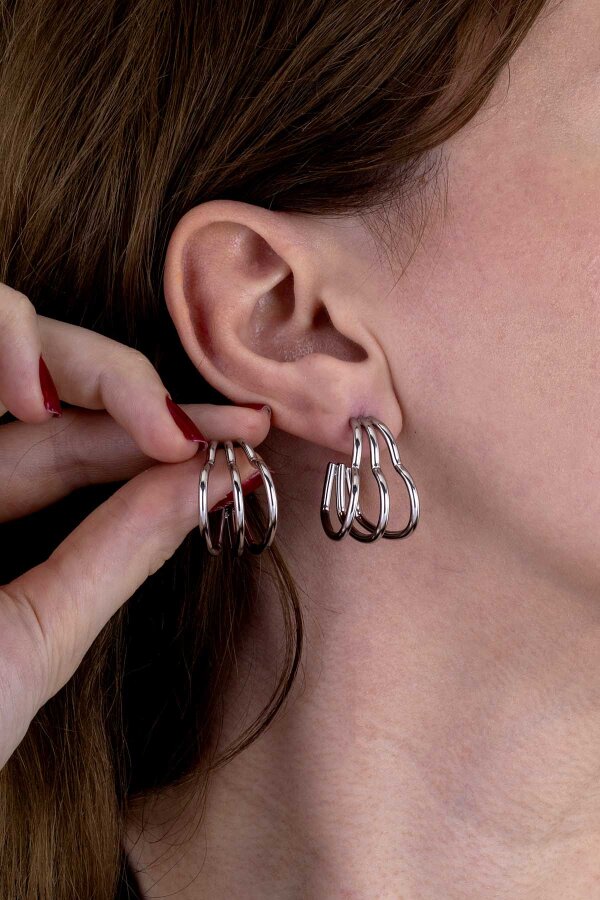 Üçlü Kalp Beyaz Altın Kaplama Çelik Kadın Küpe - 3