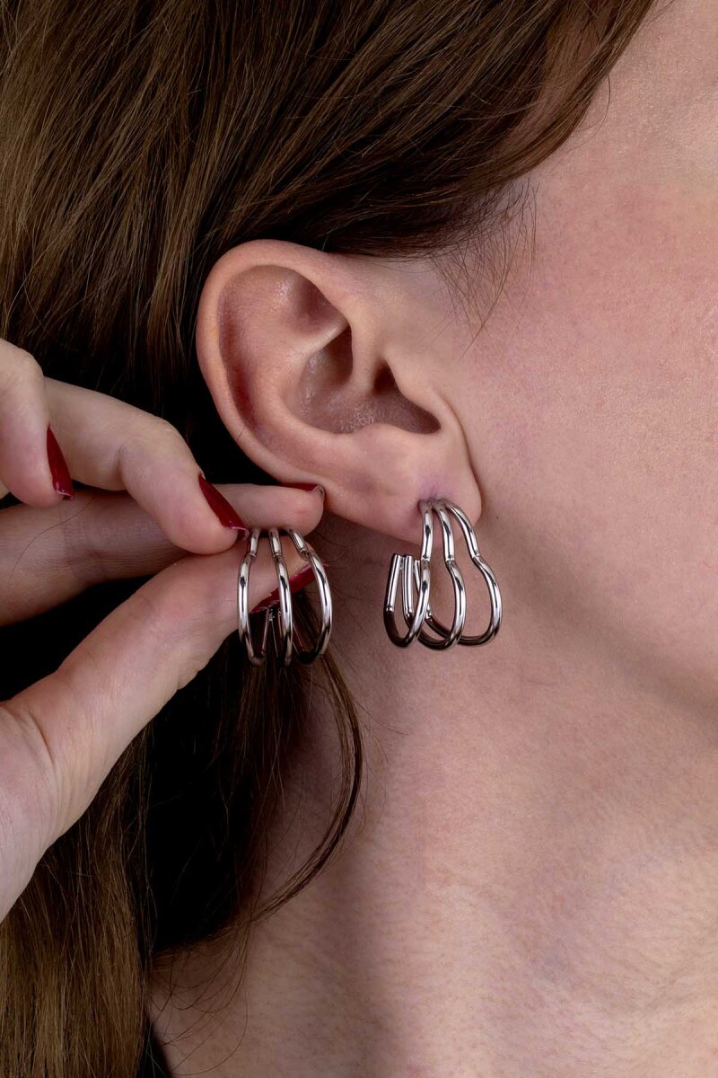 Üçlü Kalp Beyaz Altın Kaplama Çelik Kadın Küpe - 3