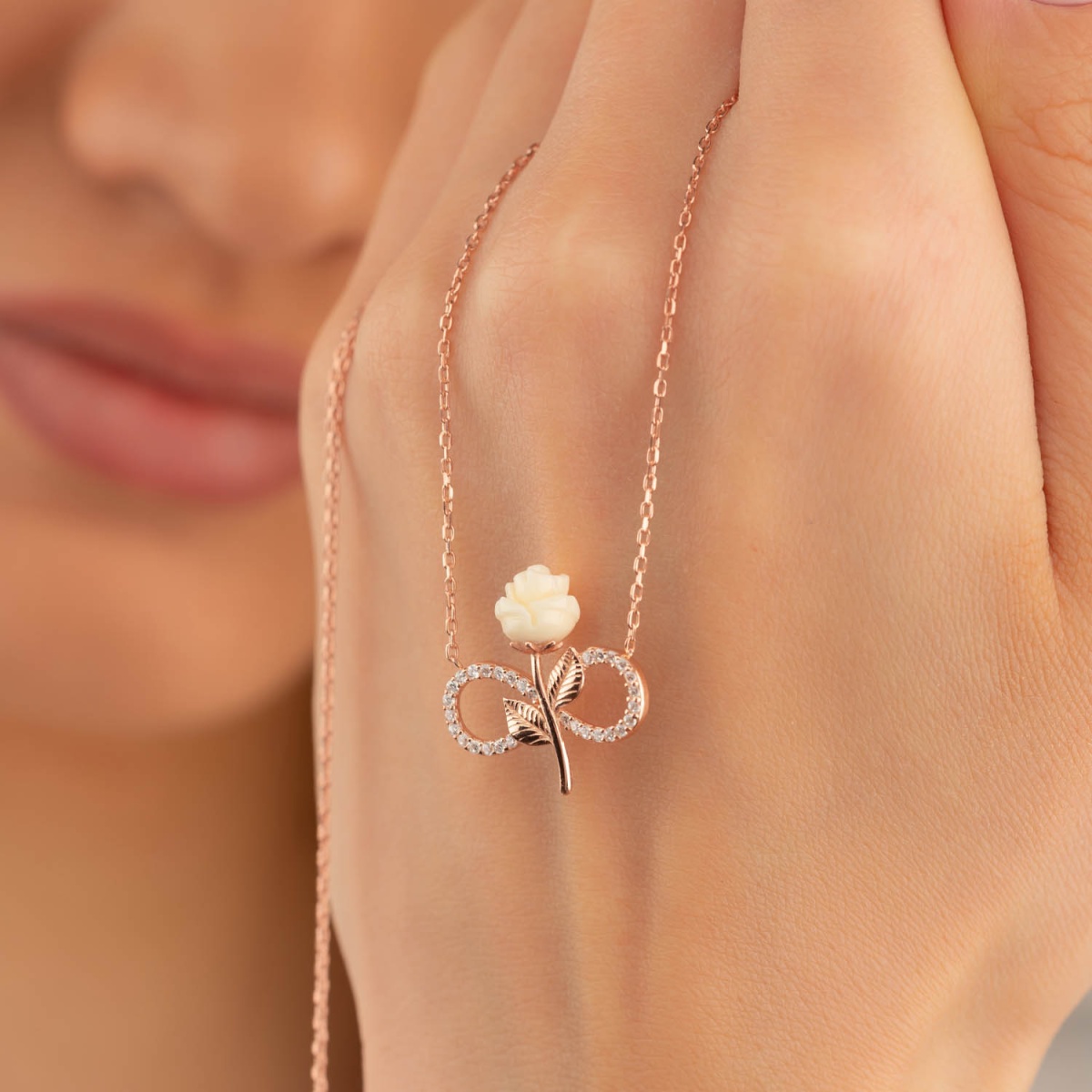 White Rose Infinity Silver Necklace