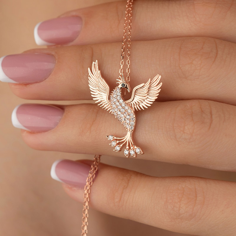 White Stone Phoenix Silver Necklace - Thumbnail