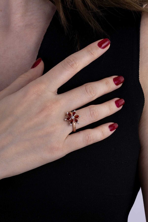 Yakut Renkli Aster Çiçeği Gümüş Yüzük - Gümüş Pazarım